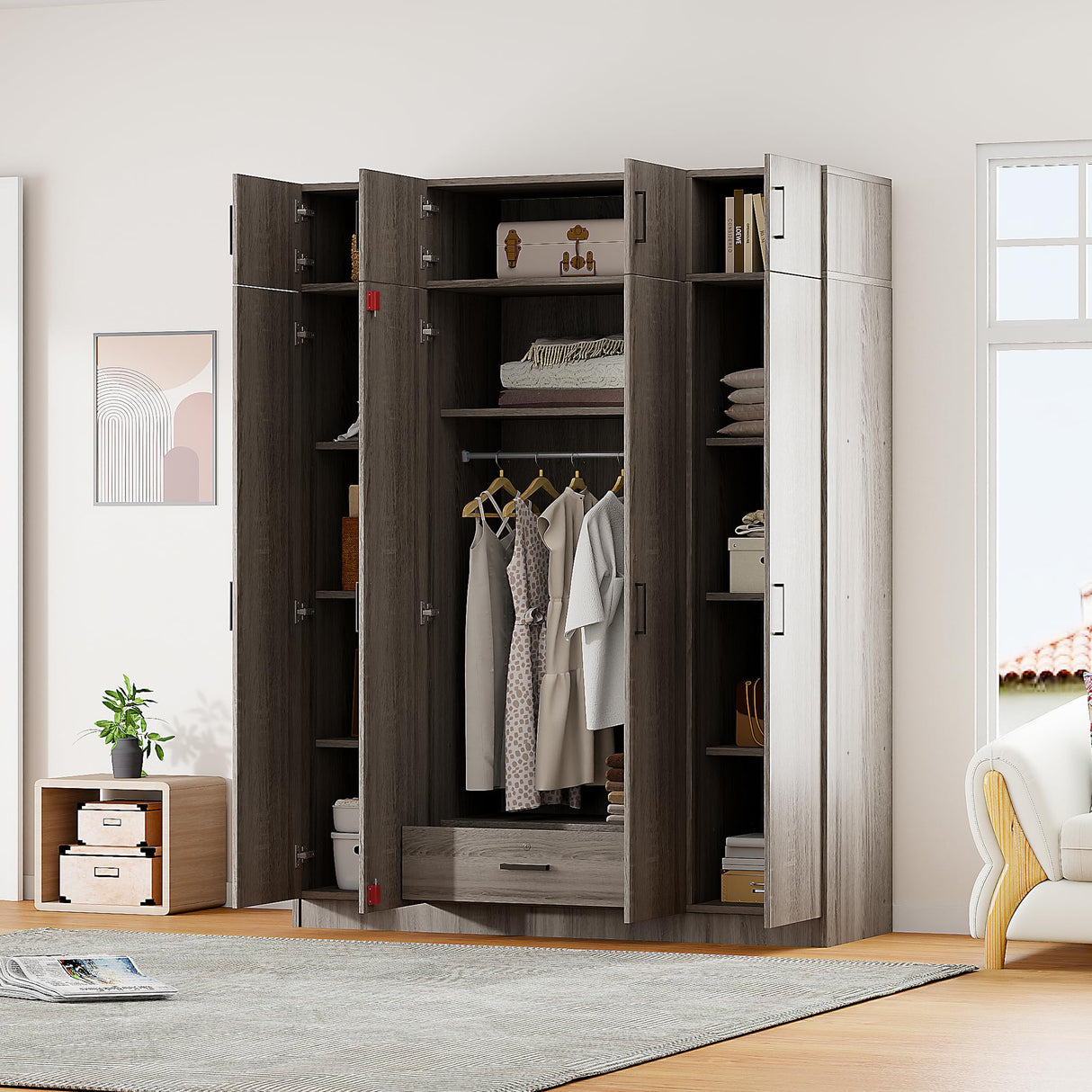 Merax 4 Doors Storage Wardrobe with Hanging Rail, Large Wardrobe Closet with 1 Drawer, Wooden Wardrobe Closet Organizer with Top Cabinet for Bedroom, Laundry Room, Gray Merax