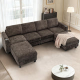 Lesofair 110" Chenille Sectional Sofa with Movable Ottomans, Modular U-Shape Couch with Cup Holders, Convertible 4 Seater Sofa with Well-Filled Backrest Cushions for Living Room, House, Brown Lesofair