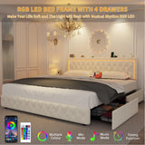 VOHOBY Queen Bed Frame with 4 Storage Drawers, Velvet Upholstered Bed Frame Queen Size with Charging Station and LED Lights, 46" Adjustable Button Tufted Headboard, No Box Spring Needed, Beige VOHOBY
