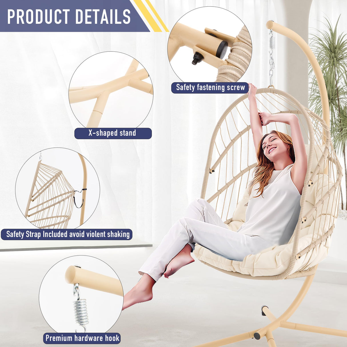 Swing Egg Chair with Stand Foldable Hanging Egg Chair Indoor Outdoor Wicker Rattan Basket with UV Resistant Cushions for Bedroom Balcony Backyard 350lbs Capacity (Beige) WoodArtSupply