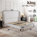 PaPaJet King Platform Bed Frame 51.2" High Headboard Tall Upholstered Bed/No Box Spring Required/Wood Slat Support/Easy Assembly White PaPaJet