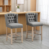 HOMCOM Counter Height Bar Stools Set of 2, 27" Seat Height Upholstered Barstools, Farmhouse Kitchen Island Stools with Nailhead-Trim, Tufted Back and Wooden Legs, Light Gray HOMCOM
