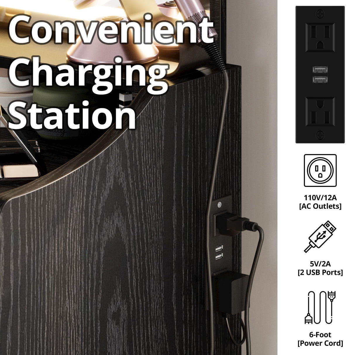 LIKIMIO Small Makeup Vanity Desk with Mirror and Lights, Vanity Table Set with Storage Drawer, Chair and Three Shelves, Bedroom, Black LIKIMIO