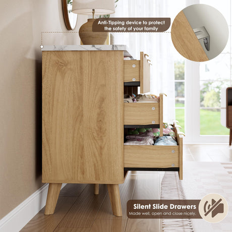 Fluted Dresser for Bedroom with 9 Deep Drawers, 60.6" Wide Modern Chest of Drawer with Faux Marble Top, Wooden Dresser TV Stand, Curved Profile Design, for Living Room, Kids Room, Hallway, Natural Oak GarveeHome
