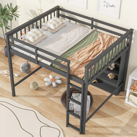 Bekeknlny Full Size Gray Loft Bed with 8 Open Shelves and Built-in Ladder Bekeknlny
