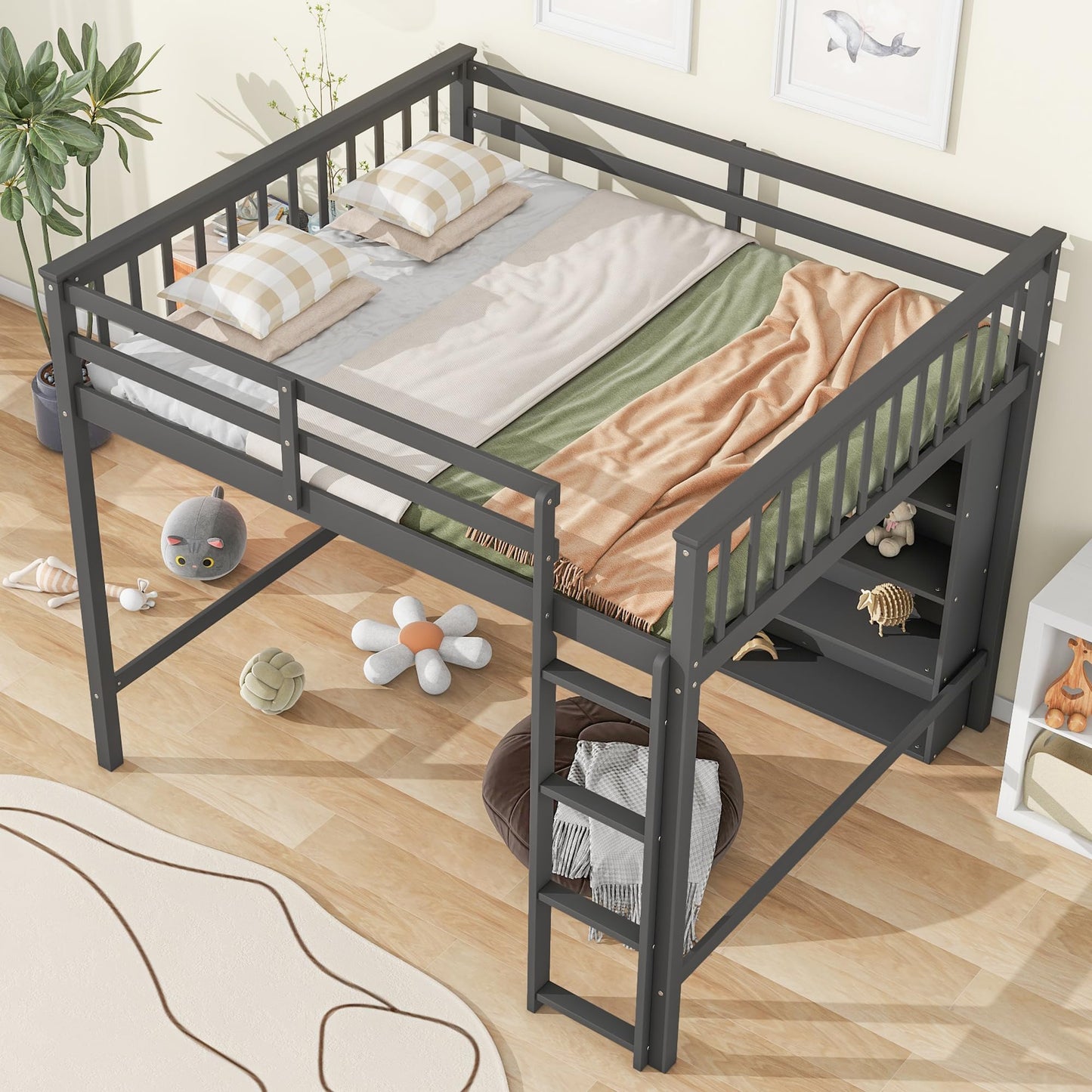 Solid Wood Full Size Loft Bed with 8 Storage Shelves and Safety Guardrails by XD Designs - WoodArtSupply