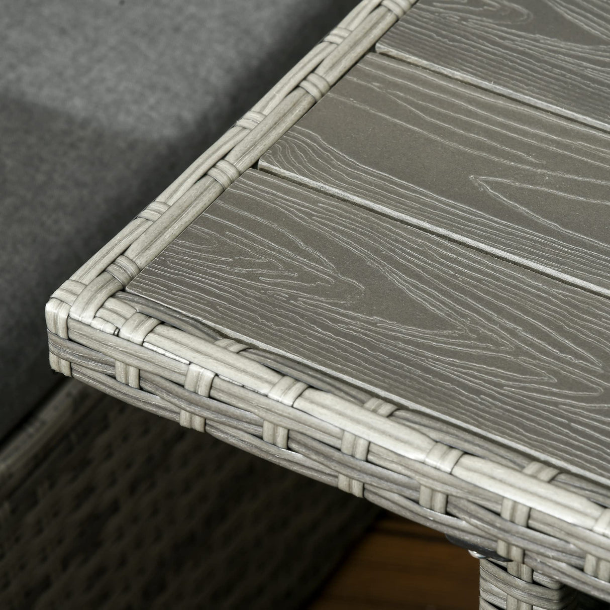 Outsunny 6 Piece Patio Dining Set, PE Rattan Furniture Set with 2 Chairs Cushions & Outdoor Loveseat Sofa, Woodgrain Slatted Dinner Table, Gray Outsunny