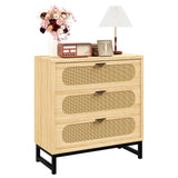 LSKTGA 3 Drawer Dresser for Bedroom, Rattan Dresser Modern Closet Dressers Chest of Drawers, Farmhouse Wood Storage Chest of Drawers for Closet, Living Room and Hallway Closet,Nature LSKTGA