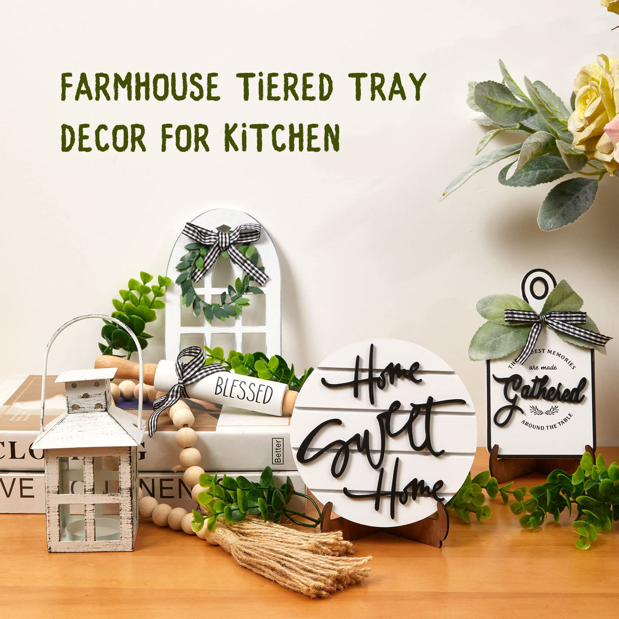 Houmury Set of 16 Farmhouse Tiered Tray Decor with 1 Lantern Artificial Plant& Cutting Board Sign for Rustic Home Kitchen Decor Tier Tray Decor Set (Tiered Tray Not Included) Houmury