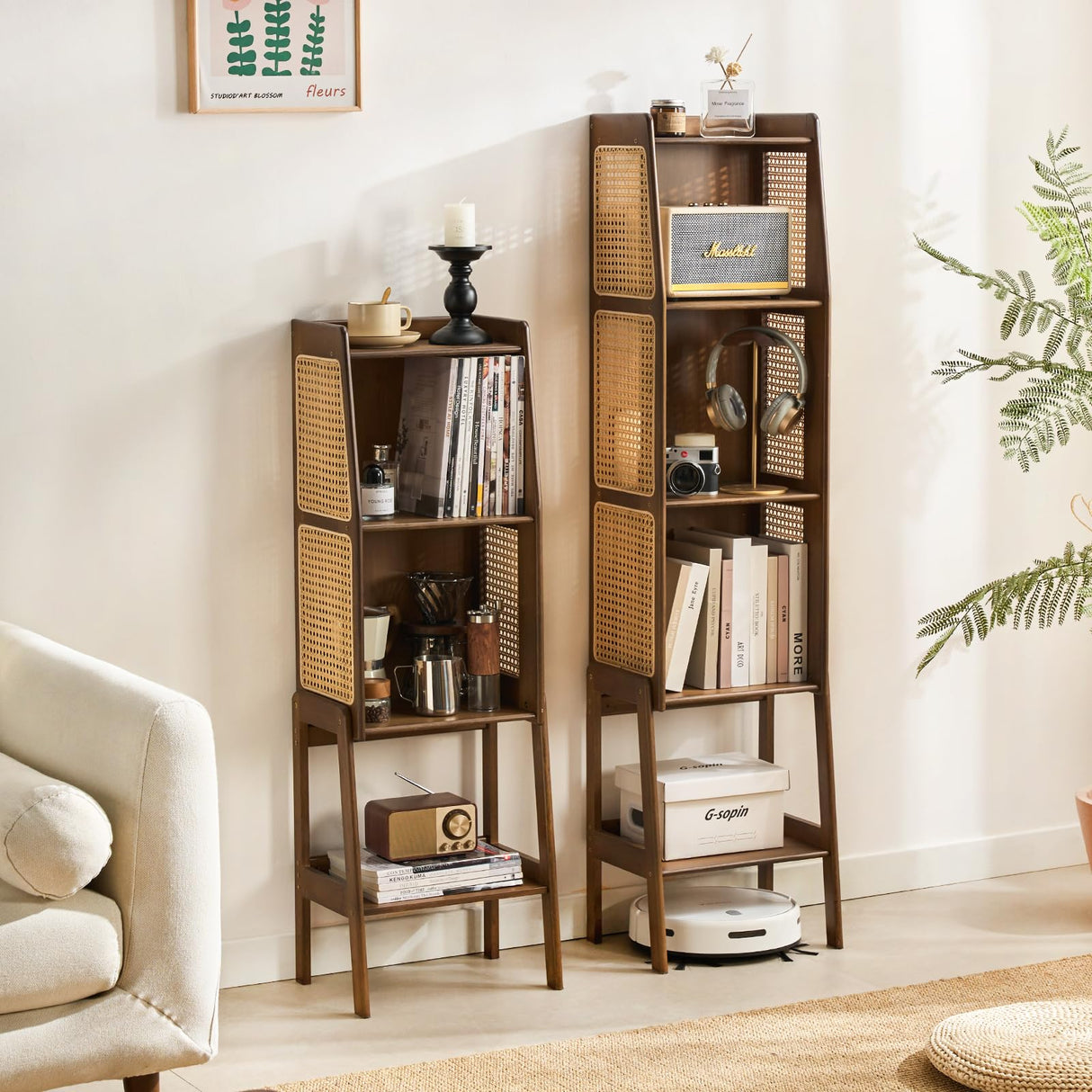 Welnow Bamboo Rattan Bookcase with Cabinet, 3-Tier Storage Shelf with Side Table & End Table Function, Large Modern Wood Organizer for Living Room or Bedroom, Walnut Bookshelf Welnow