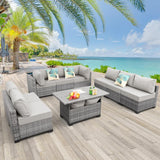 Rattaner 9-Piece Outdoor Sectional Wicker Furniture Set Patio Furniture Conversation Couch Set Large-size Storage Table with Thicken(5") Anti-slip Light Grey Cushions Furniture Cover Rattaner
