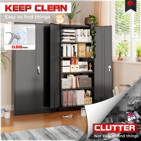 Metal Storage Cabinet with Lock, 71" Tall Black Garage Cabinet with 2 Doors & 4 Adjustable Shelves, Lockable Steel File Cabinet for Home Office, Garage, School, Gym Pataku