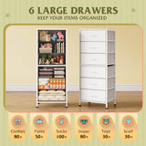 WLIVE White Tall Dresser for Bedroom, 6 Drawer Dressers & Chests of Drawers, Fabric Dresser for Closet, Living Room, Night Stand with Metal Frame, Storage Tower with Fabric Bins, Wood Top WLIVE