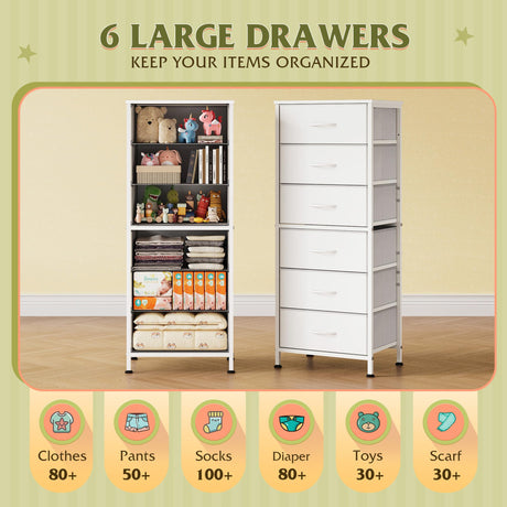 WLIVE White Tall Dresser for Bedroom, 6 Drawer Dressers & Chests of Drawers, Fabric Dresser for Closet, Living Room, Night Stand with Metal Frame, Storage Tower with Fabric Bins, Wood Top WLIVE