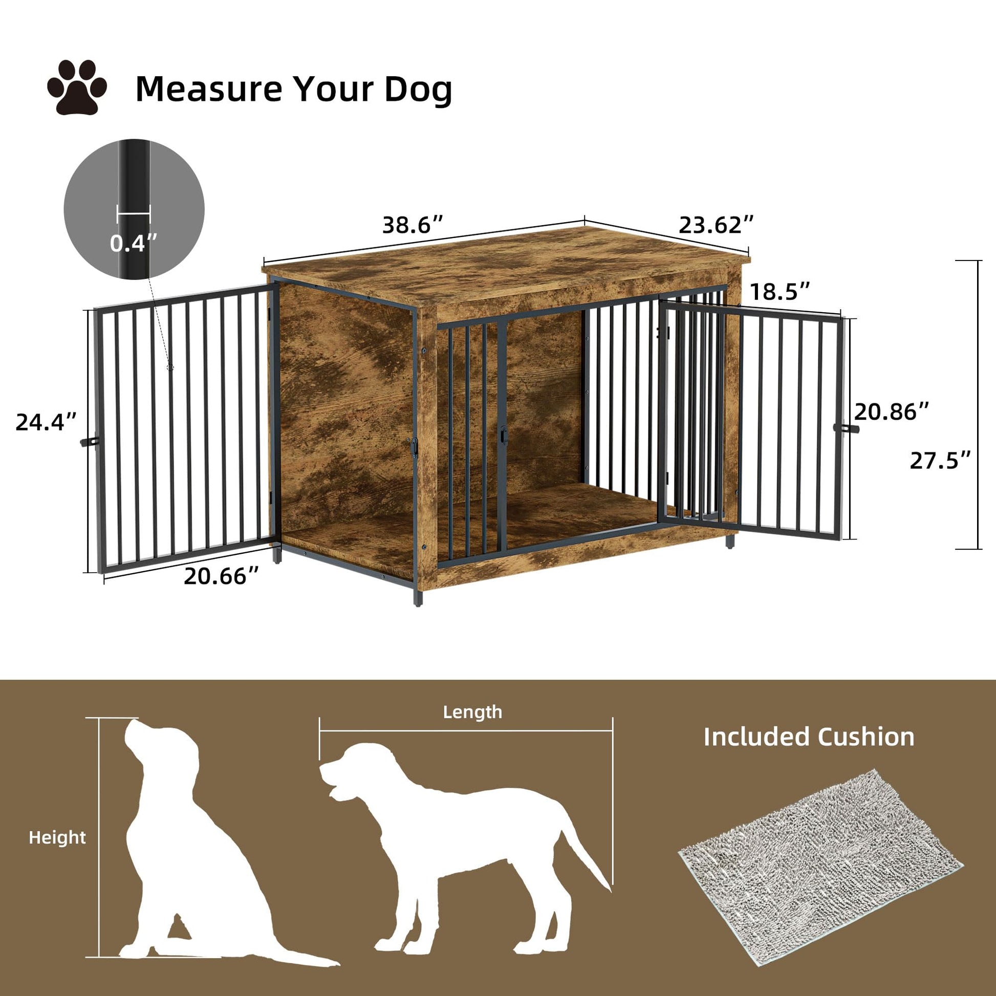 BREEZEHEAT Dog Crate Furniture with Cushion, 38'' Wooden Dog Crate Kennel with Double Doors, Heavy-Duty Dog Cage End Table for Small/Medium Dog, Indoor Dog House, Rustic Brown - WoodArtSupply