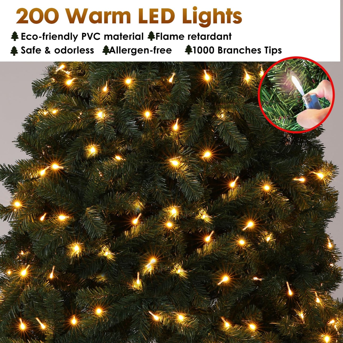 GTPLAYER 6.5ft Christmas Tree Artificial Xmas Tree with 200 Warm LED Lights & 1000 Branch Tip, Premium Pine Tree Party Decorations for Home, Foldable Stand, Easy Assembly