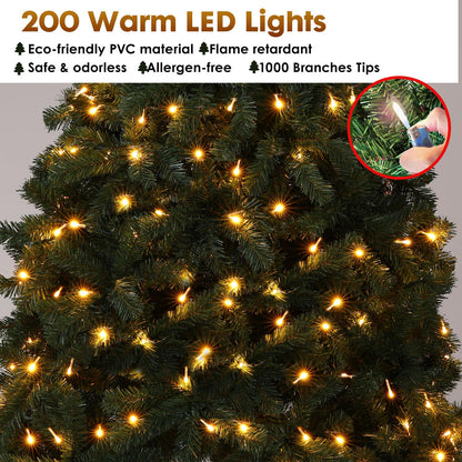 GTPLAYER 6.5ft Christmas Tree Artificial Xmas Tree with 200 Warm LED Lights & 1000 Branch Tip, Premium Pine Tree Party Decorations for Home, Foldable Stand, Easy Assembly