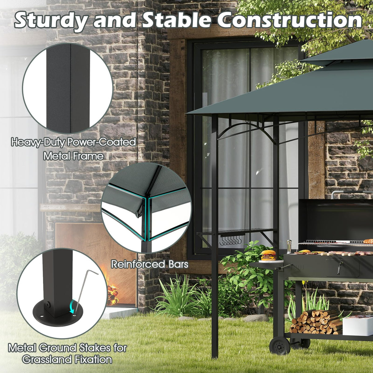 Tangkula 8x5 Ft Grill Gazebo, 2-Tier Barbecue Gazebo with 2 Shelves, 7 Hooks, Metal Frame, Outdoor Grill Canopy for Backyard Garden Poolside (Grey) Tangkula
