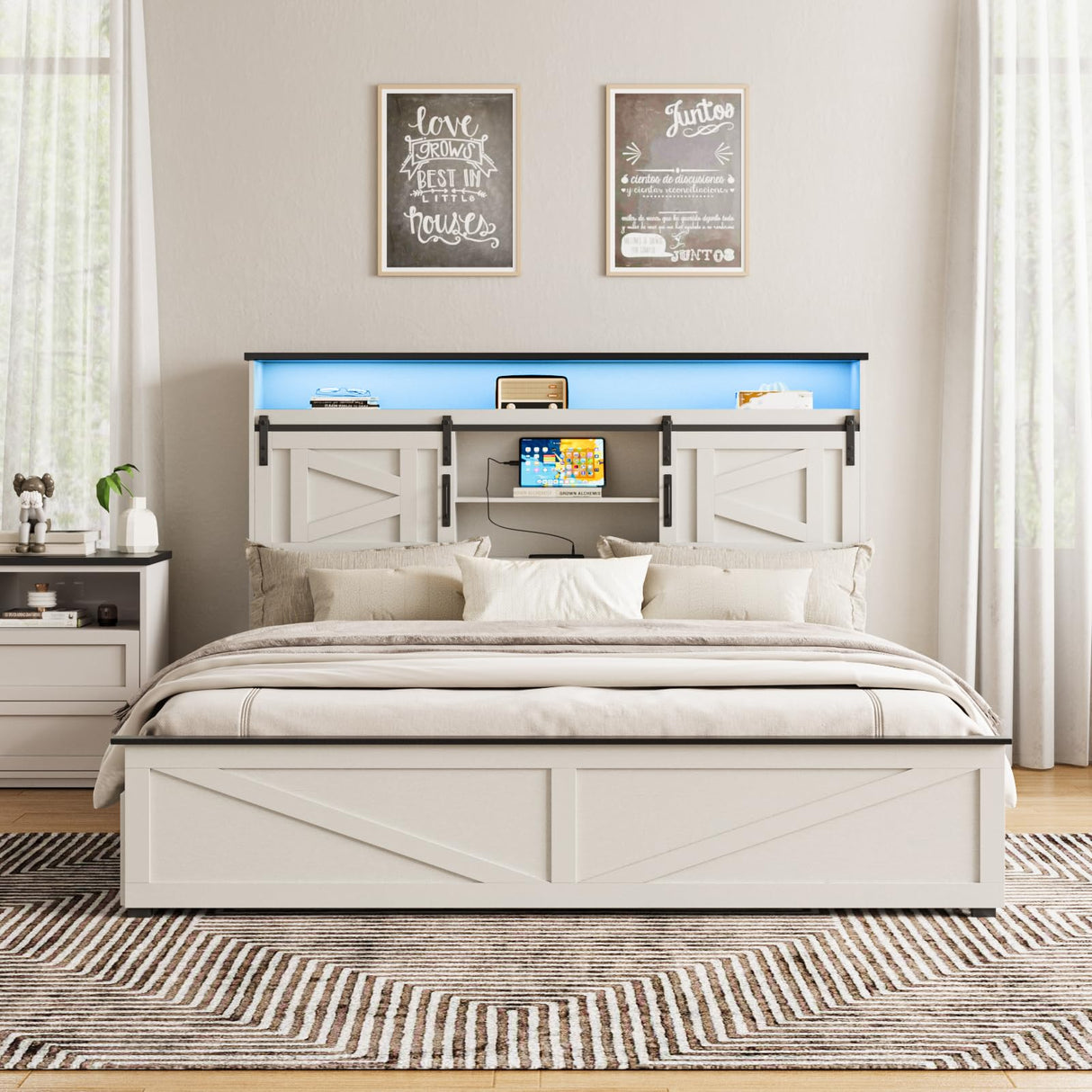 Fameill Farmhouse King Size Bed Frame with 4 Drawers and Bookcase Headboard, Sliding Barn Door Storage Shelves, LED Lights and Charging Station, No Box Spring Needed, Antique White Fameill