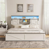 Fameill Farmhouse King Size Bed Frame with 4 Drawers and Bookcase Headboard, Sliding Barn Door Storage Shelves, LED Lights and Charging Station, No Box Spring Needed, Antique White Fameill