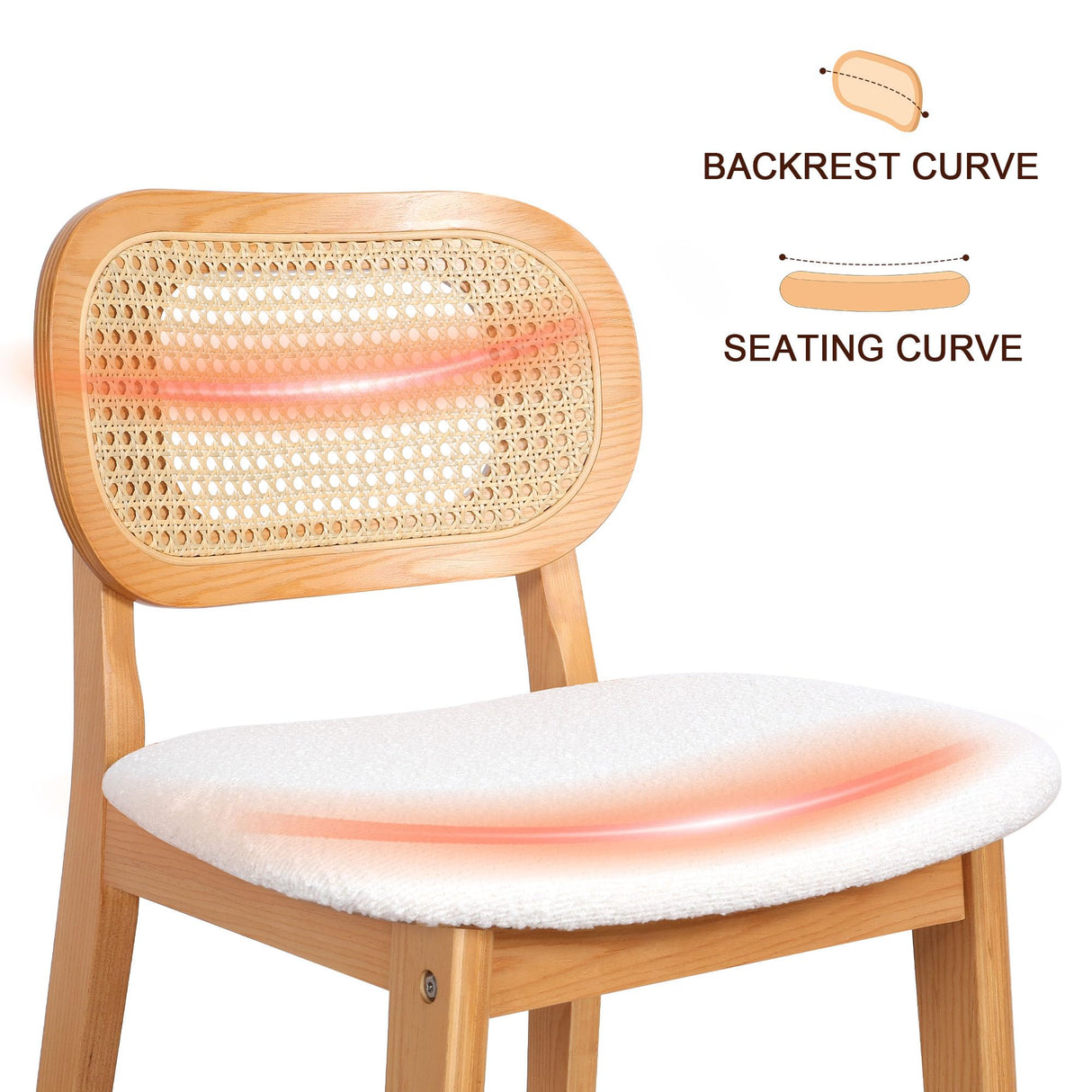 RUOVU Counter Height Bar Stools Set of 3, Rattan Barstools with Back and Natural Wood Frame, White Boucle Fabric Upholstered Bar Chairs, Mid Century Modern Farmhouse Counter Stool for Kitchen Island RUOVU