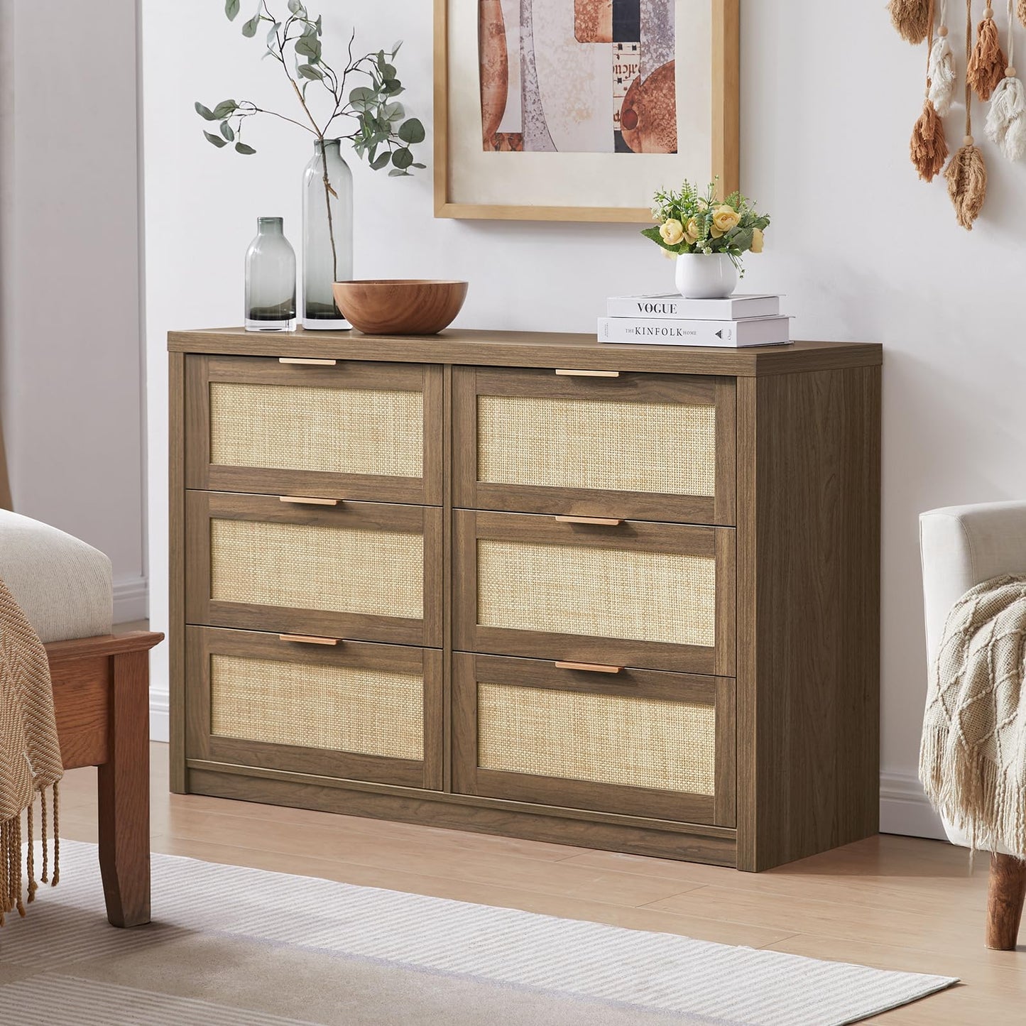 OAKHAM HOME 6 Drawer Dresser for Bedroom, Storage Rattan Cabinet, Boho Dresser Chest, TV Stand of Drawers, Wood Drawer Organizer for Living Room, Hallway (Special Walnut) - WoodArtSupply