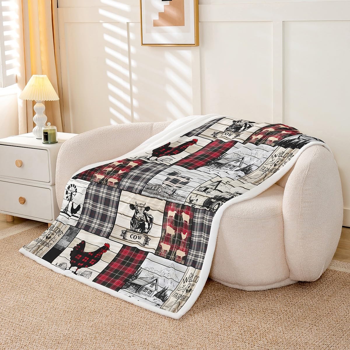 Rustic Farm Animal Fleece Bed Blanket Throw 50"X60" Retro Buffalo Plaid Farmhouse Cabin Throw Blanket Country Sheep Chicken Cow Print Sherpa Blanket,Grid Windmill Flannel Blanket Red Black Grey Erosebridal