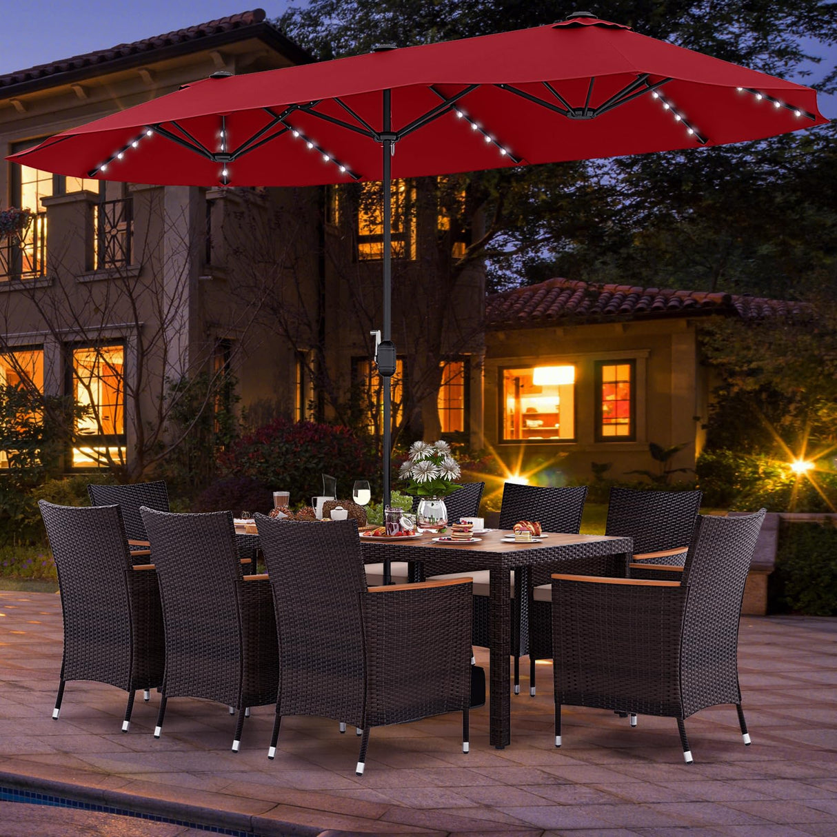 Tangkula 11 Pieces Patio Dining Set with 15ft Double-Sided LED Patio Umbrella (Base Included), Outdoor Rattan Furniture Set with 8 Stackable Chairs, Acacia Wood Dining Table and Umbrella (Wine) Tangkula