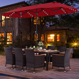 Tangkula 11 Pieces Patio Dining Set with 15ft Double-Sided LED Patio Umbrella (Base Included), Outdoor Rattan Furniture Set with 8 Stackable Chairs, Acacia Wood Dining Table and Umbrella (Wine) Tangkula