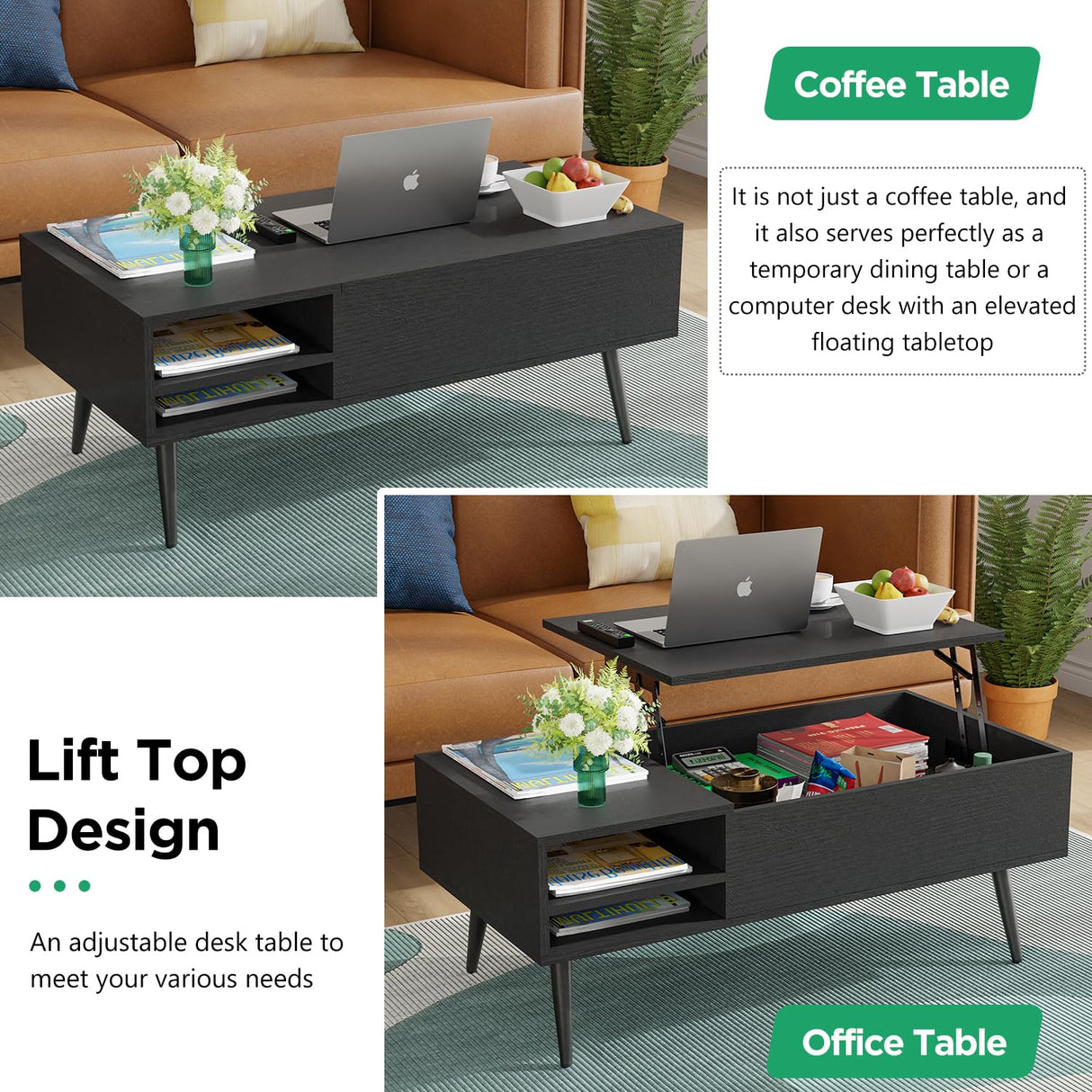 PayLessHere Lift Top Coffee Table with Adjustable Storage and Hidden Compartment Small Wood Coffee Table Center Table for Home Living Room Office Apartment Reception Room,Black PayLessHere