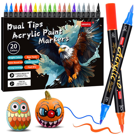 Acrylic Paint Pens Markers, 20 Colors Dual Tips Waterproof Paint Markers For Rock Painting, Fabric, Metal, Glass, Wood, Canvas, Ceramic, Plastic, Non-Toxic & Odor, Premium Art And DIY Craft Supplies Droaful