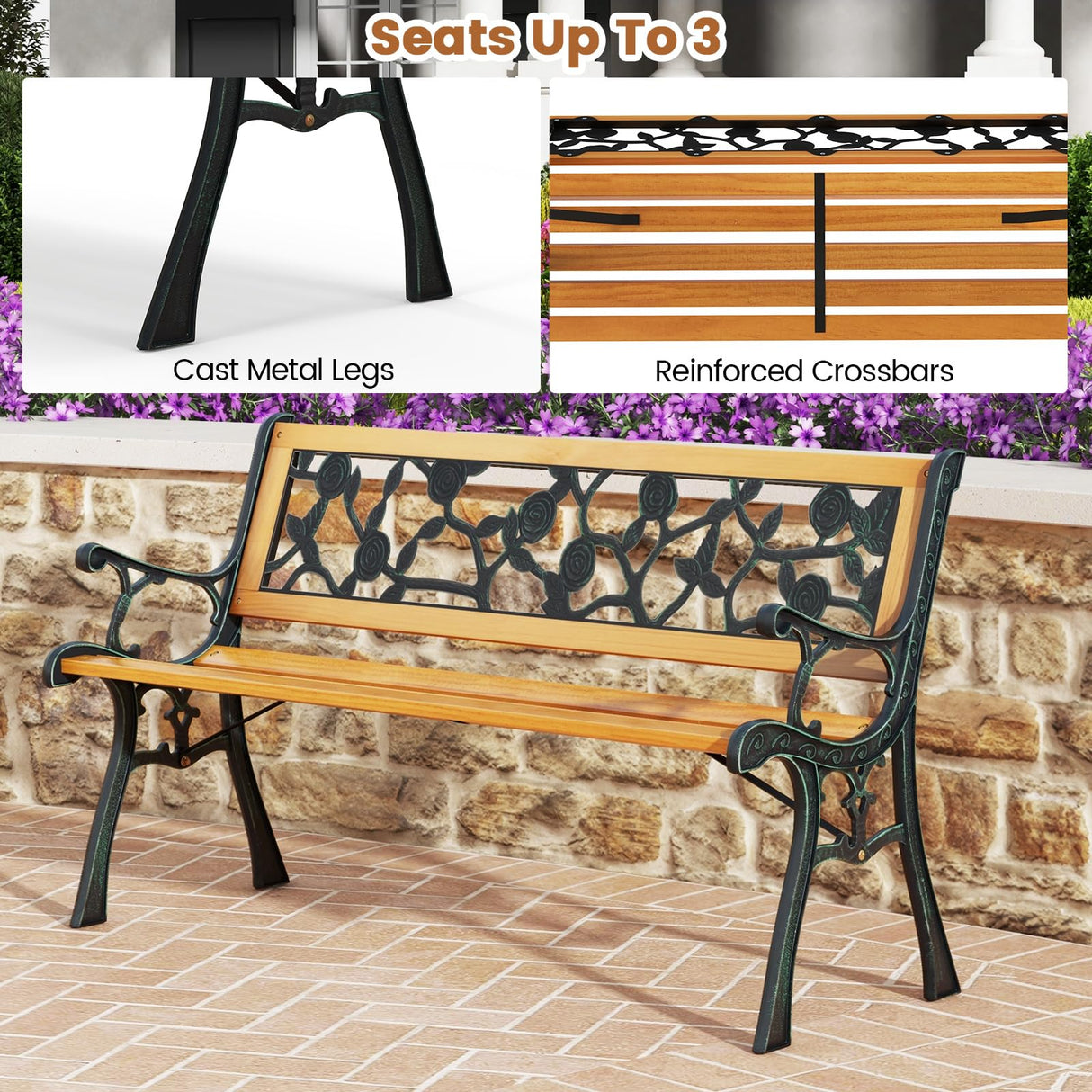 Tangkula Outdoor Garden Bench Park Bench, Patio Iron Bench Chair with Cast Iron & Hardwood Structure, Weather Proof Porch Loveseat, Perfect for Backyard, Deck, Lawn, Poolside Tangkula