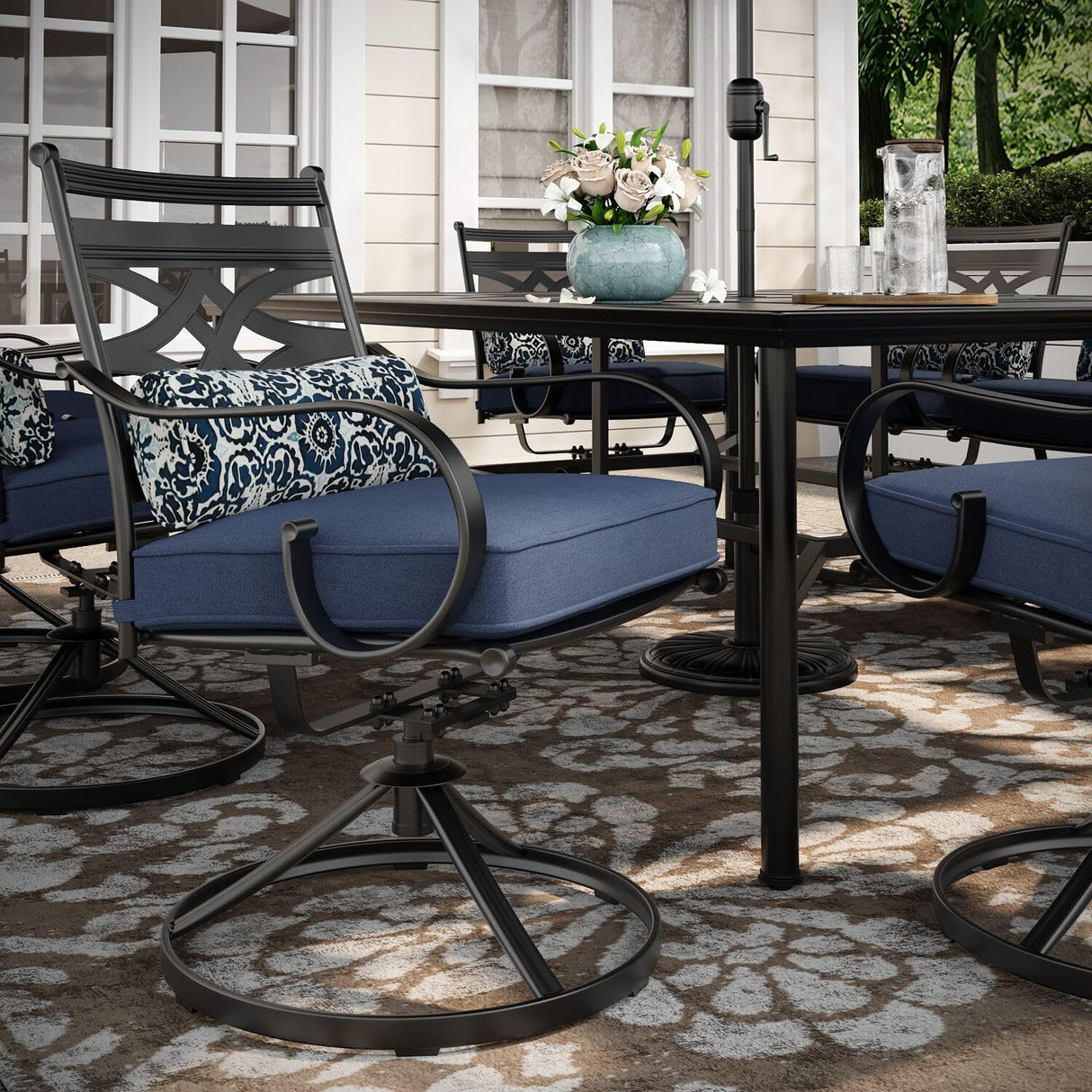 Hanover Montclair 11-Piece Outdoor Dining Set, All-Weather Outdoor Patio Dining Set, 10 Swivel Rocker Chairs with Seat and Lumbar Cushions, 84"x60" Stamped Rectangle Table, Umbrella, and Umbrella Base Hanover