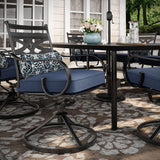 Hanover Montclair 11-Piece Outdoor Dining Set, All-Weather Outdoor Patio Dining Set, 10 Swivel Rocker Chairs with Seat and Lumbar Cushions, 84"x60" Stamped Rectangle Table, Umbrella, and Umbrella Base Hanover