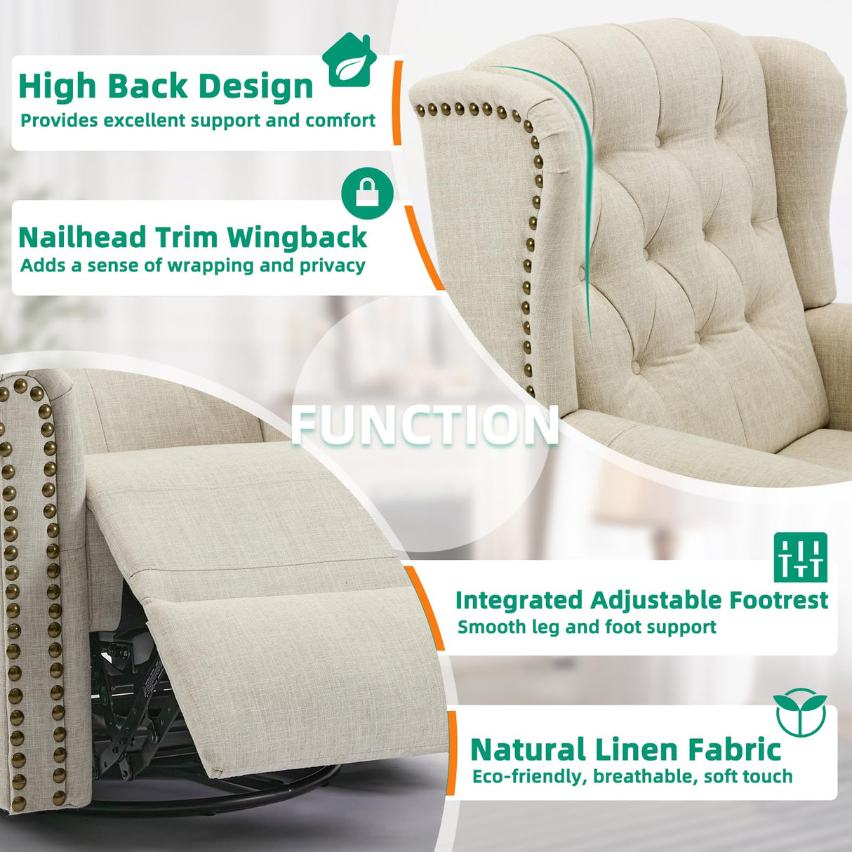 VIVIJASON Power Swivel Rocking Recliner Chair with Massage & Heat, Electric Rocker Nursery Glider Chair, Wingback Tufted Upholstered Recliner W/Type-C & USB Ports for Living Room, Bedroom, Beige VIVIJASON