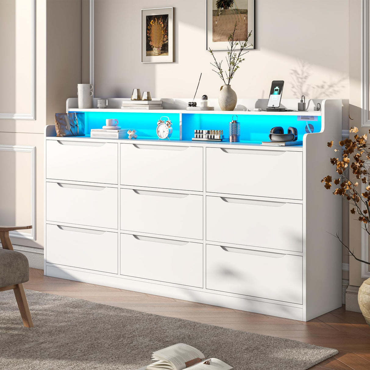 DurayLoly Modern Dresser for Bedroom with LED Light, 9 Drawer White Dresser with Charging, Wooden Chest of Drawers, Large TV Stand for Bedroom DurayLoly