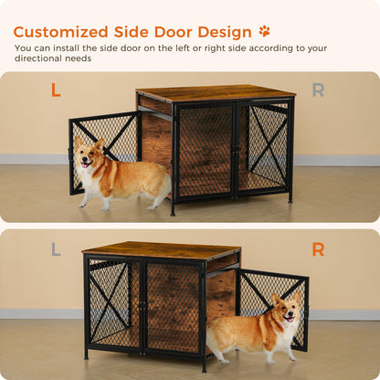 DWANTON Dog Crate Furniture, 31.5" L Three-Door Wooden Dog Kennel Indoor, Connectable Expansion, Wooden Dog Crate Table for Medium/Large Dog, Dog House, Dog Cage Large, Rustic Brown - WoodArtSupply