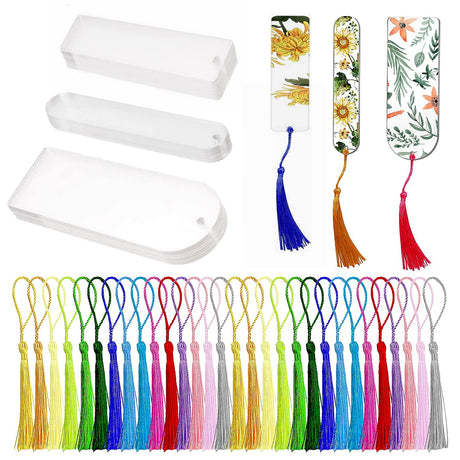 30PCS Acrylic Bookmark Blanks, Clear Acrylic Craft Bookmarks with 30PCS Colorful Tassels, Transparent Rectangle Round Bookmarks Bulk for DIY Crafts Hanging Tag Gift Tag Price Tags(3 Shape) GetALift