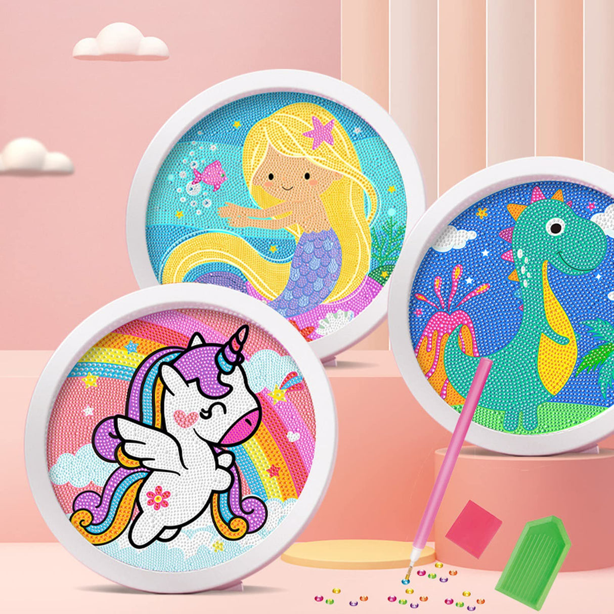 ACSAUMMY 5D Diamond Art Painting Kits for Kids with Wooden Frame Dinosaur Diamond Art and Crafts for Kids Ages 6-8-10-12 Full Drill Painting by Number Kits Gem Art with 6.7 inch Diamond Paint Frames ACSAUMMY