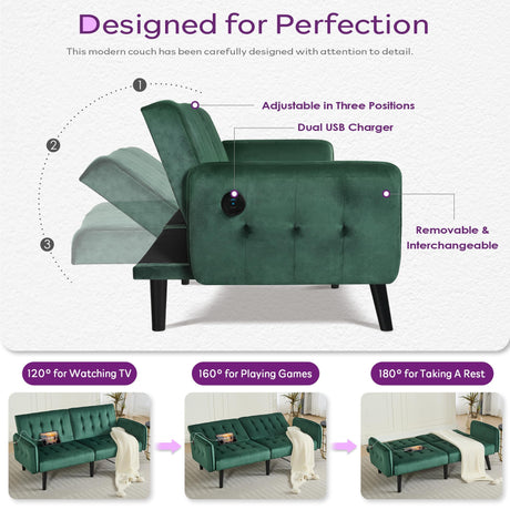 TYBOATLE 65" W Velvet Modern Convertible Folding Futon Couch Sofa Bed w/ 2 USB Charging Ports and arms, Loveseat for Living Room, Office, Apartment, Bedroom (Green) TYBOATLE