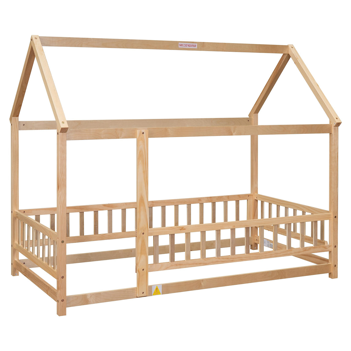 Bellemave Wooden Montessori Twin Size House Bed with Fence and Roof for Kids - Playhouse Frame in Natural Finish Bellemave
