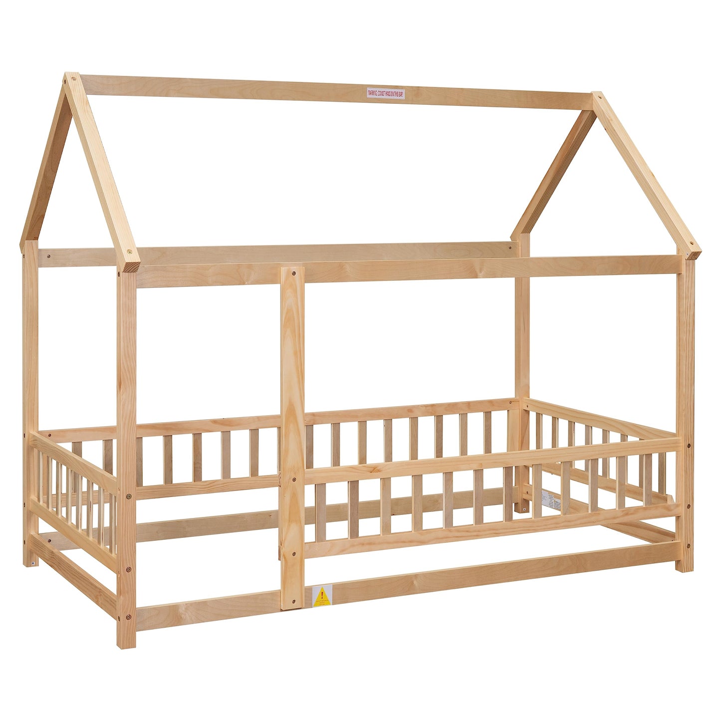 Bellemave Wooden Montessori Twin Size House Bed with Fence and Roof for Kids - Playhouse Frame in Natural Finish - WoodArtSupply