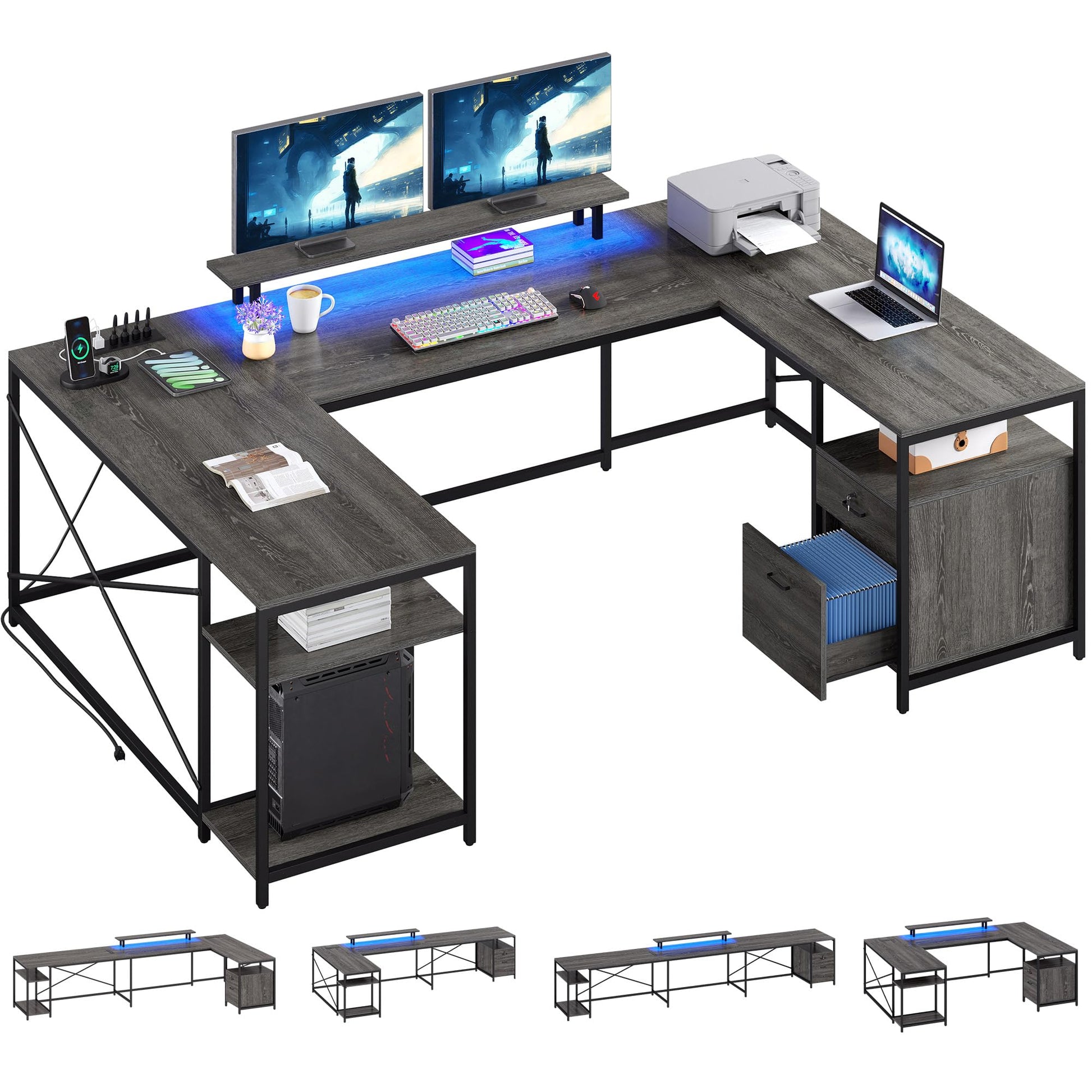 YITAHOME U Shaped Desk with Power Outlets & LED Lights, 79" Reversible L Shaped Desk with Drawers, Corner Computer Desk Office Desk with Monitor Stand & Storage Shelves, Grey - WoodArtSupply