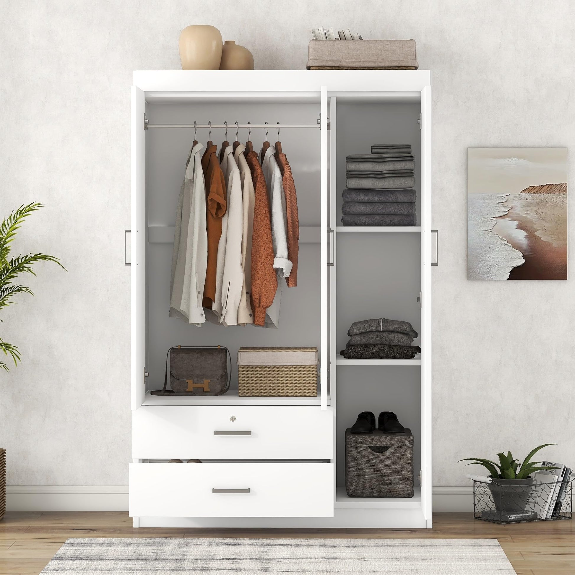 Brabrety Modern 3-Door Wardrobe with 2 Drawers and Hanging rod.Silver handles highlight The stylish style. (White#D) - WoodArtSupply