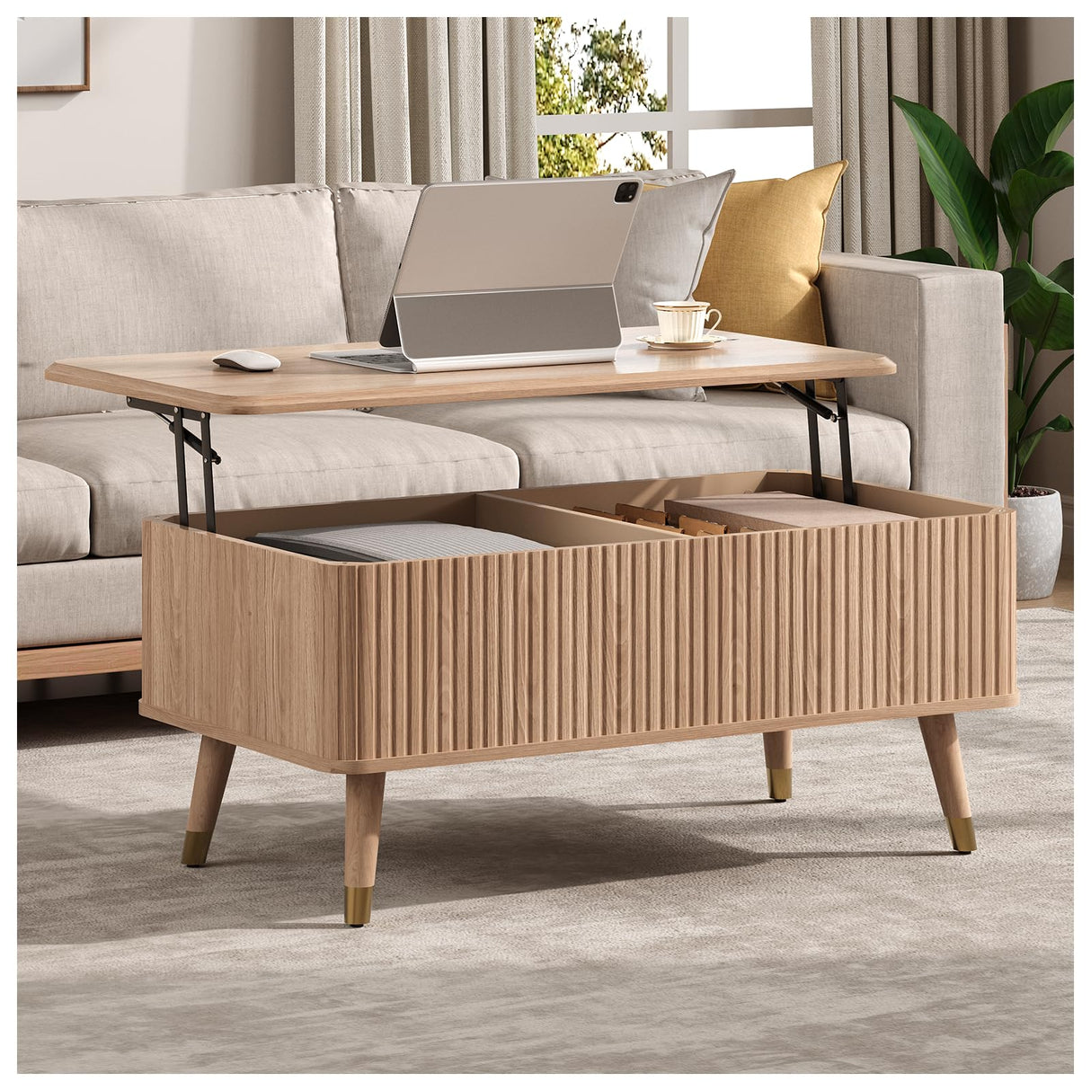 Vanvuson Lift Top Coffee Table with Storage, Mid Century Modern Coffee Table with Solid Wood Legs, 38" Minimalist Fluted Center Table for Living Room, Home Office, Natural Oak Vanvuson