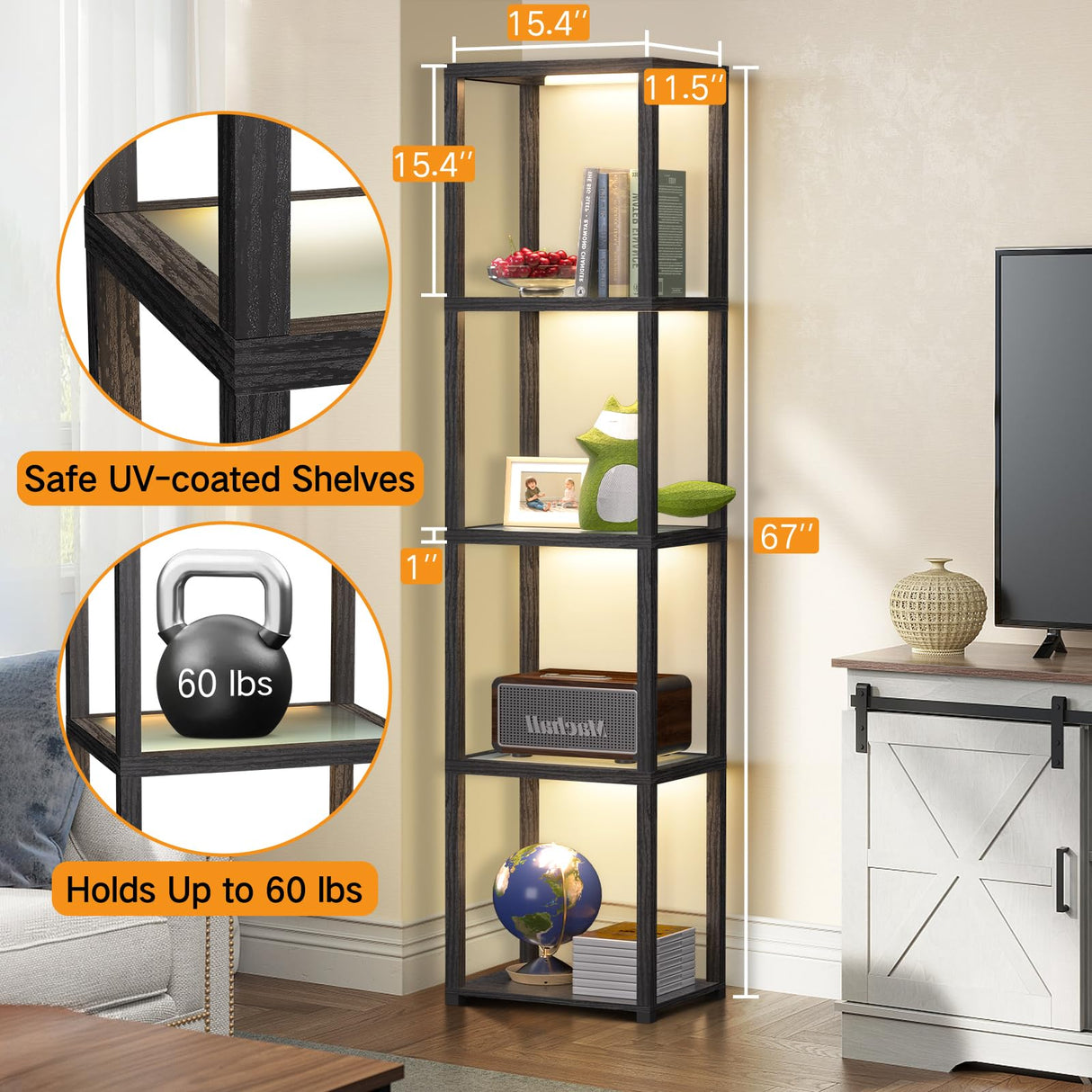 OUTON 67" Glass Display Shelf with Dimmable LED Floor Lamp, Collectibles Display Cabinet with Remote & App Control, 5 Tier Open Bookshelf Lamp for Living Room, Bedroom, Office, Home Decor, Black OUTON