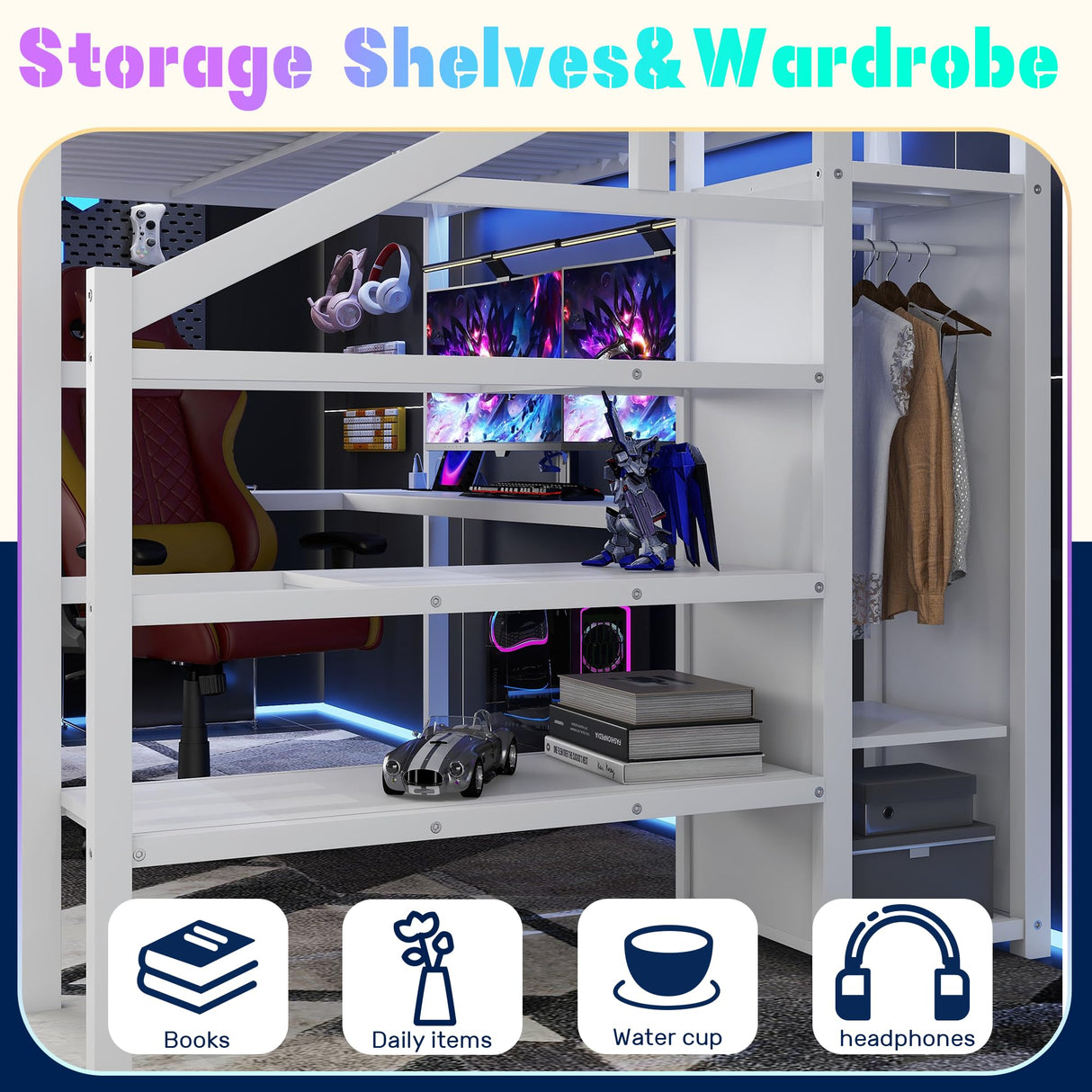 Queen Size Loft Bed with Desk and Stairs, Gaming Loft Bed with RGB LED Light and Storage, Heavy-Duty Metal Loft Beds Frame with Wardrobe, Shelves and Charging Station for Adults Kids Teens, White Mirightone