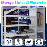 Queen Size Loft Bed with Desk and Stairs, Gaming Loft Bed with RGB LED Light and Storage, Heavy-Duty Metal Loft Beds Frame with Wardrobe, Shelves and Charging Station for Adults Kids Teens, White Mirightone