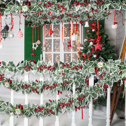 Whaline 2Pcs Christmas Artificial Garland, 15.7Ft Xmas Berry Holly Leaves Garland Christmas Faux Greenery Garland Winter Snowy Red Berries Hanging Vine for Christmas Wedding Party Home Decoration