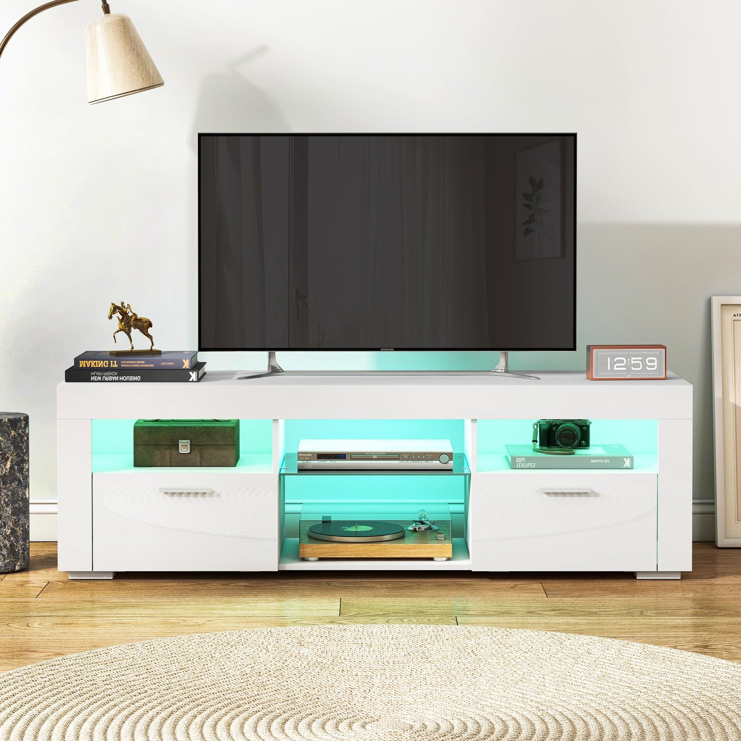 SANYOAC White TV Stand for 50/55/65 Inch TV, Entertainment Center with Led Lights, Modern TV Stands for Bedroom, TV Console with Storage and Shelves for Living Room Bedroom